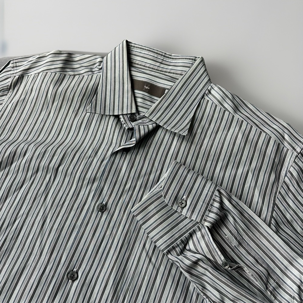 Ermenegildo Zegna Dress Shirt Button Down Cotton Striped Grey City Fit 44 / 17.5